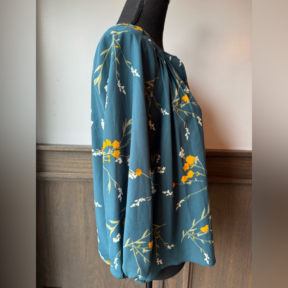 Collective Concepts Teal Floral Tie-Hem Blouse with Yellow Accents MP - Picture 5 of 7